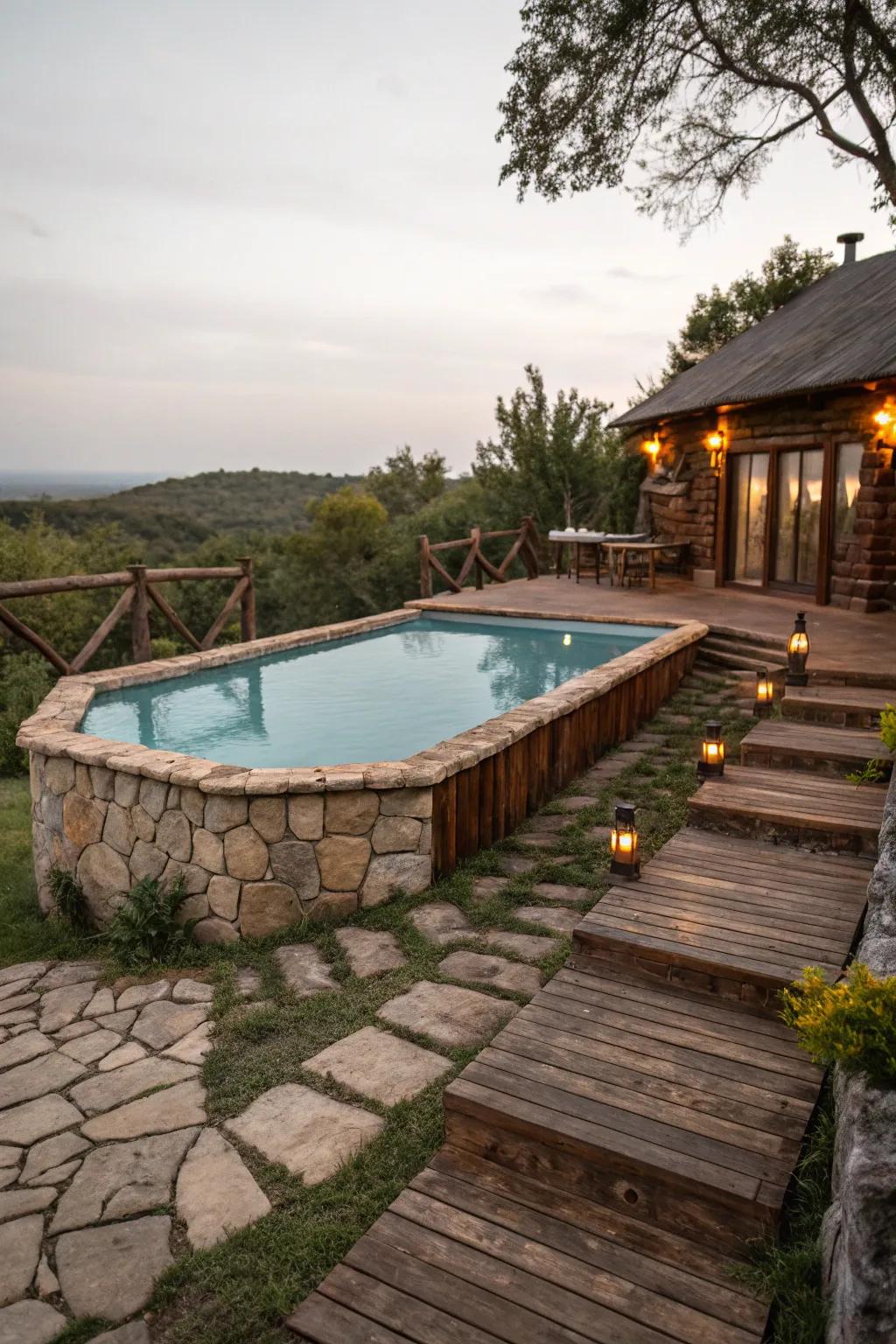 Rustic elements create a cozy and natural poolside retreat.
