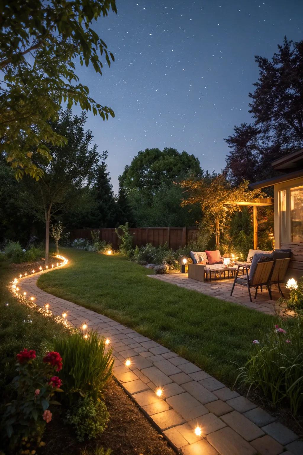 Outdoor lighting adds ambiance and visibility.