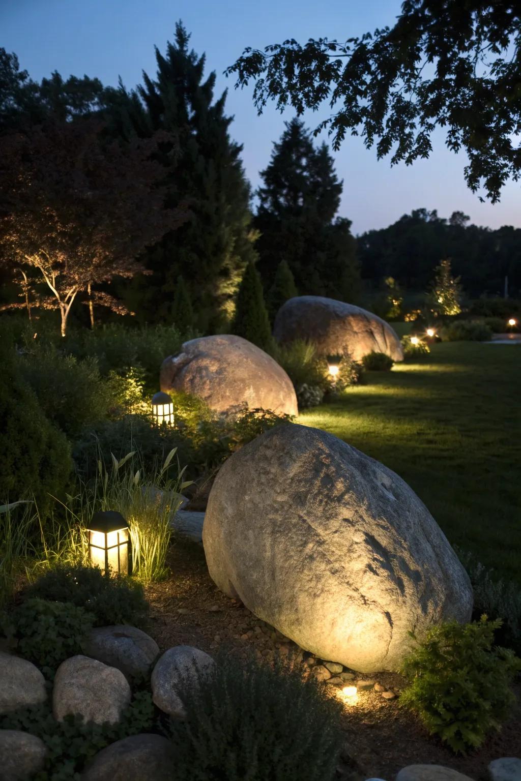 Lighting transforms boulders into nighttime focal points.