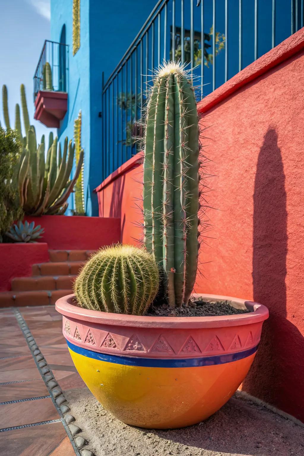 Bold-colored planters create a lively contrast with the natural greens of cacti.