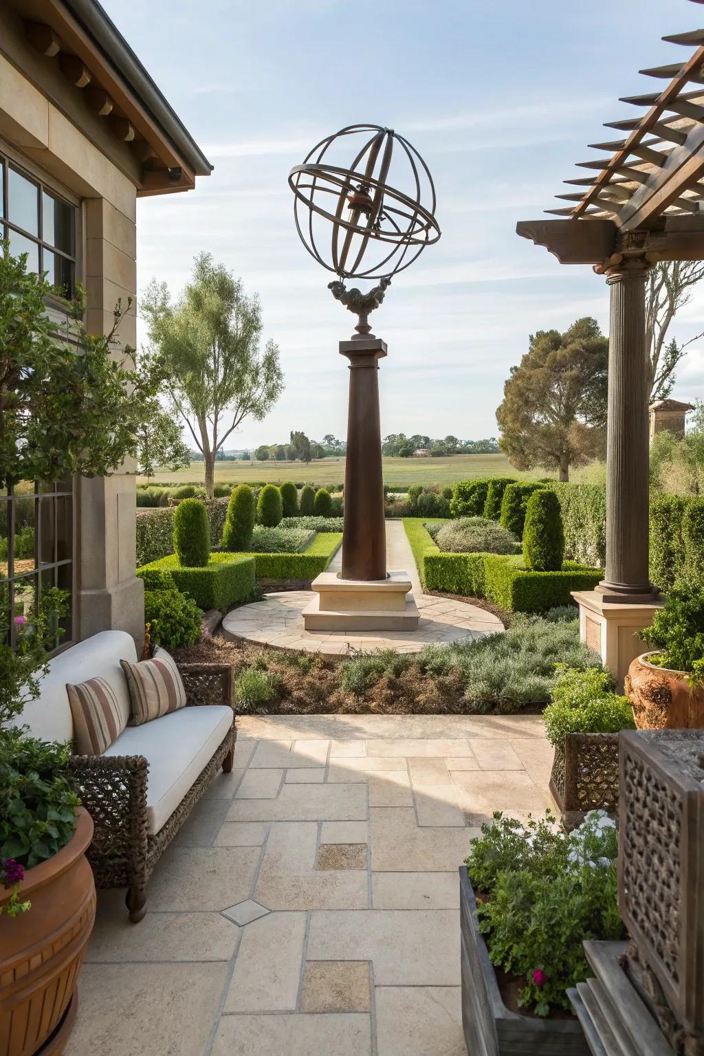A striking piece of art can serve as a captivating focal point on your patio.