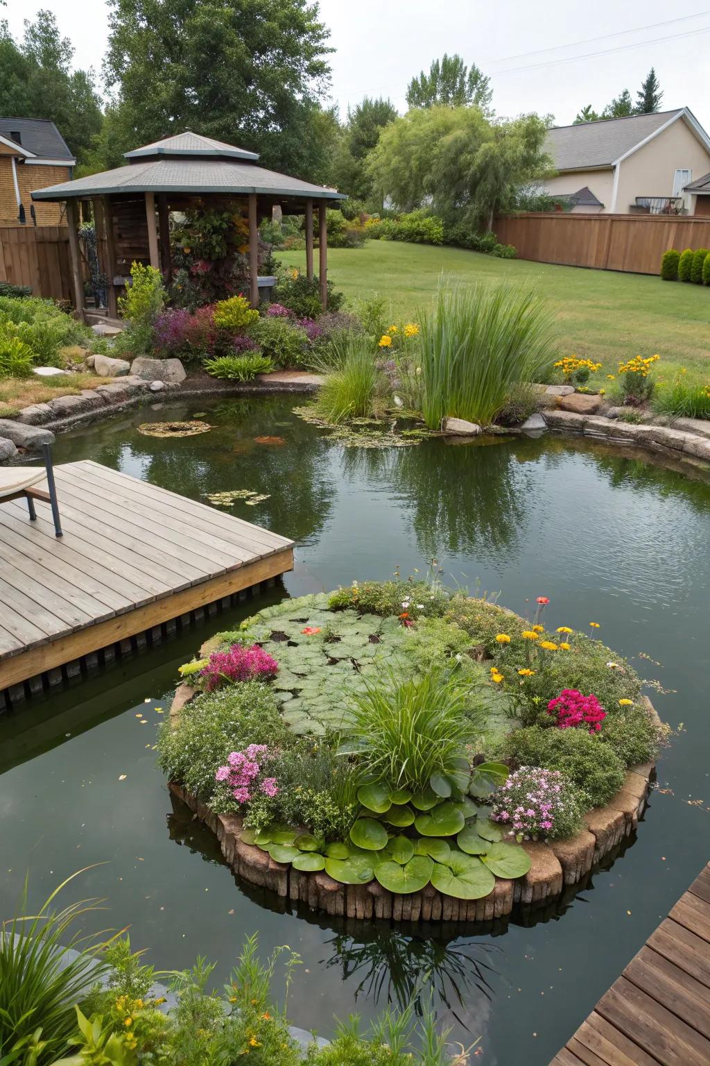 A floating island adds a whimsical touch to a large pond.