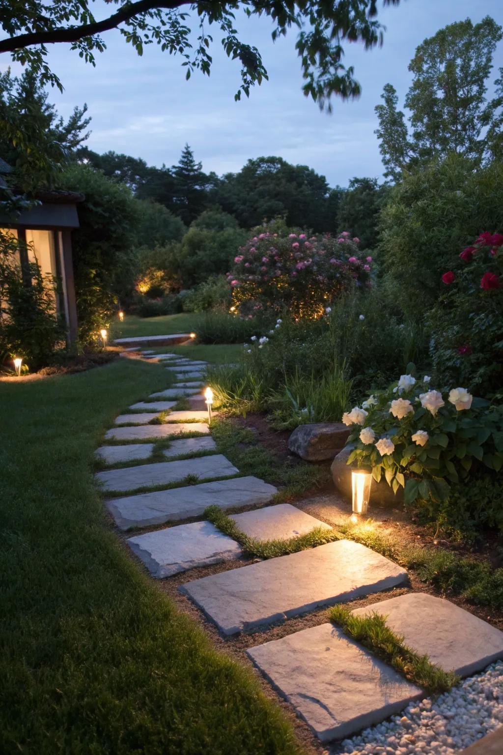 Solar lights add a magical glow to the stepping stone path.