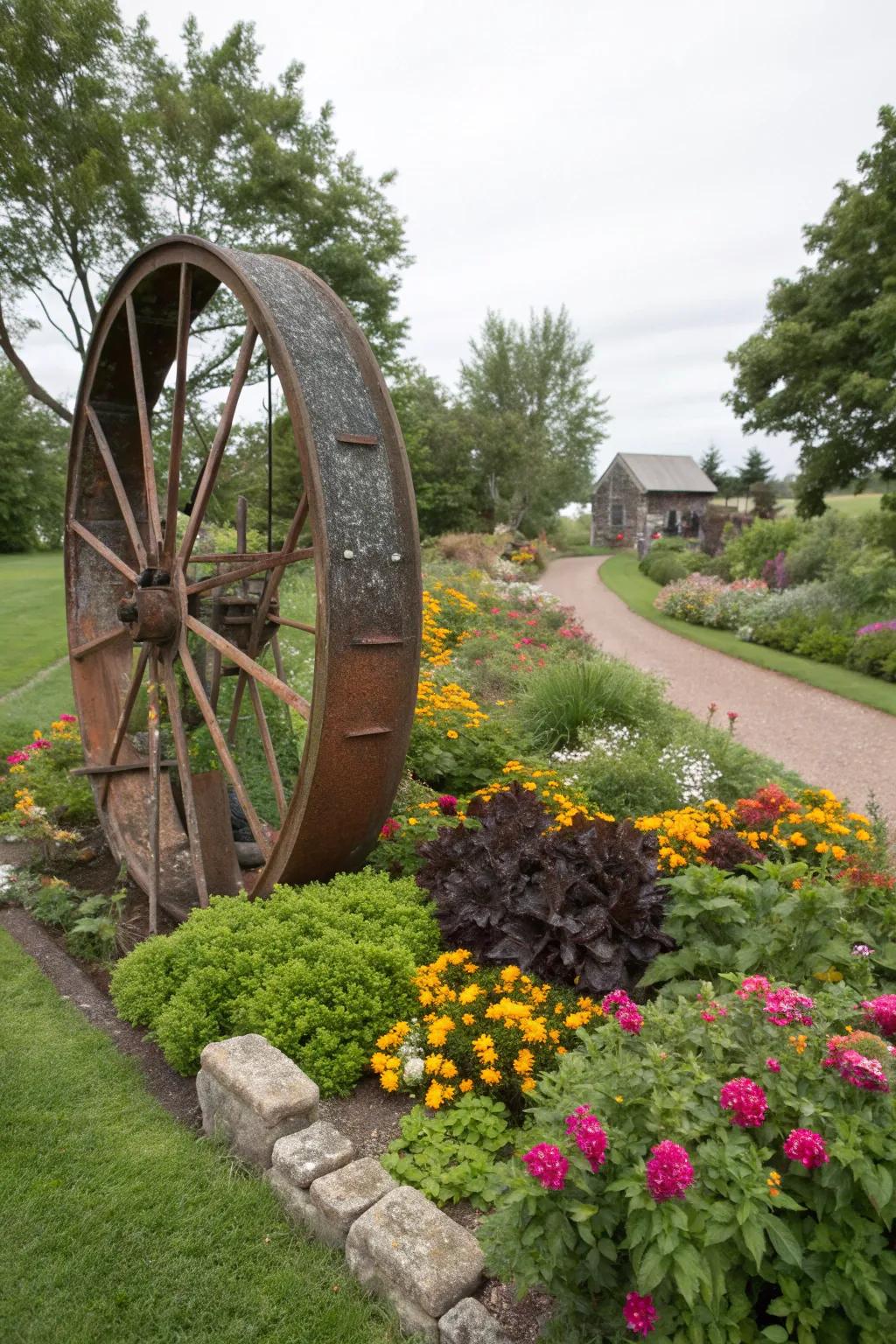 Vintage wheels can introduce a rustic charm to your garden.