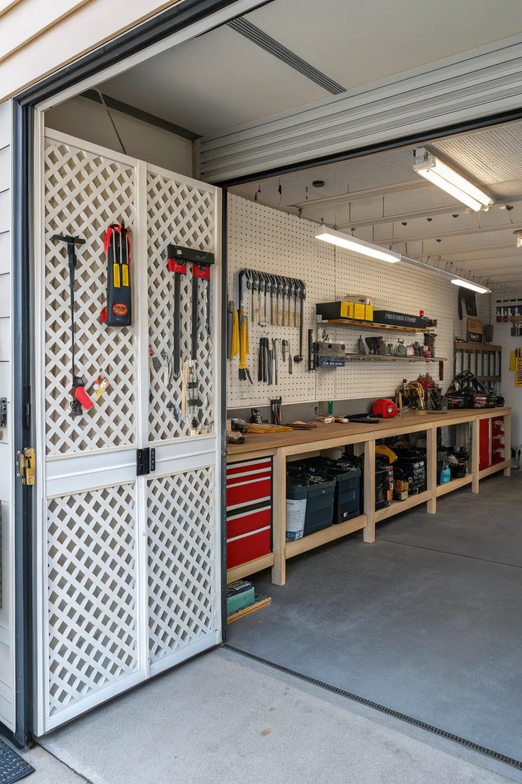 Keep your garage organized with stylish lattice storage solutions.