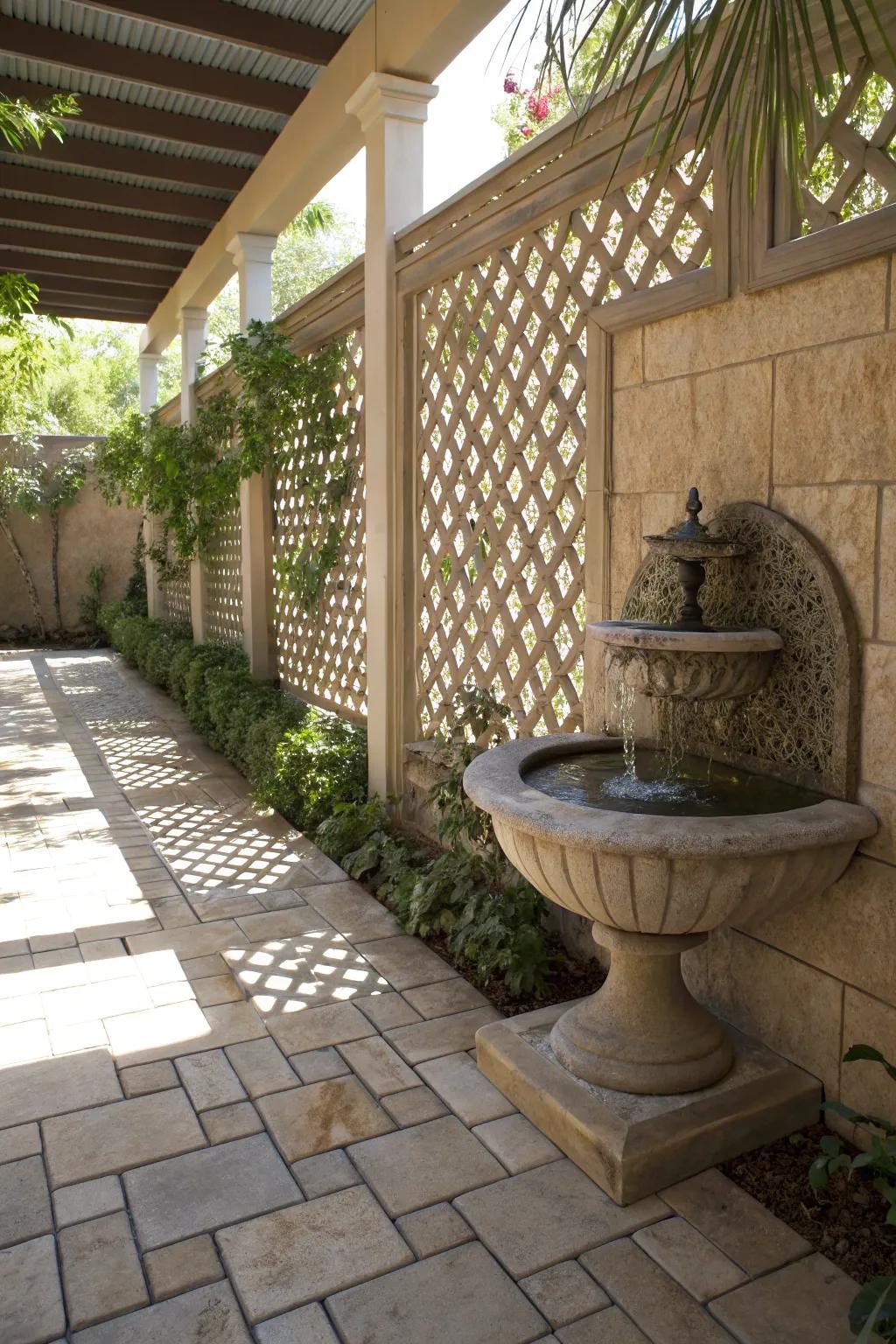 Water features integrated into lattice walls enhance patio tranquility.