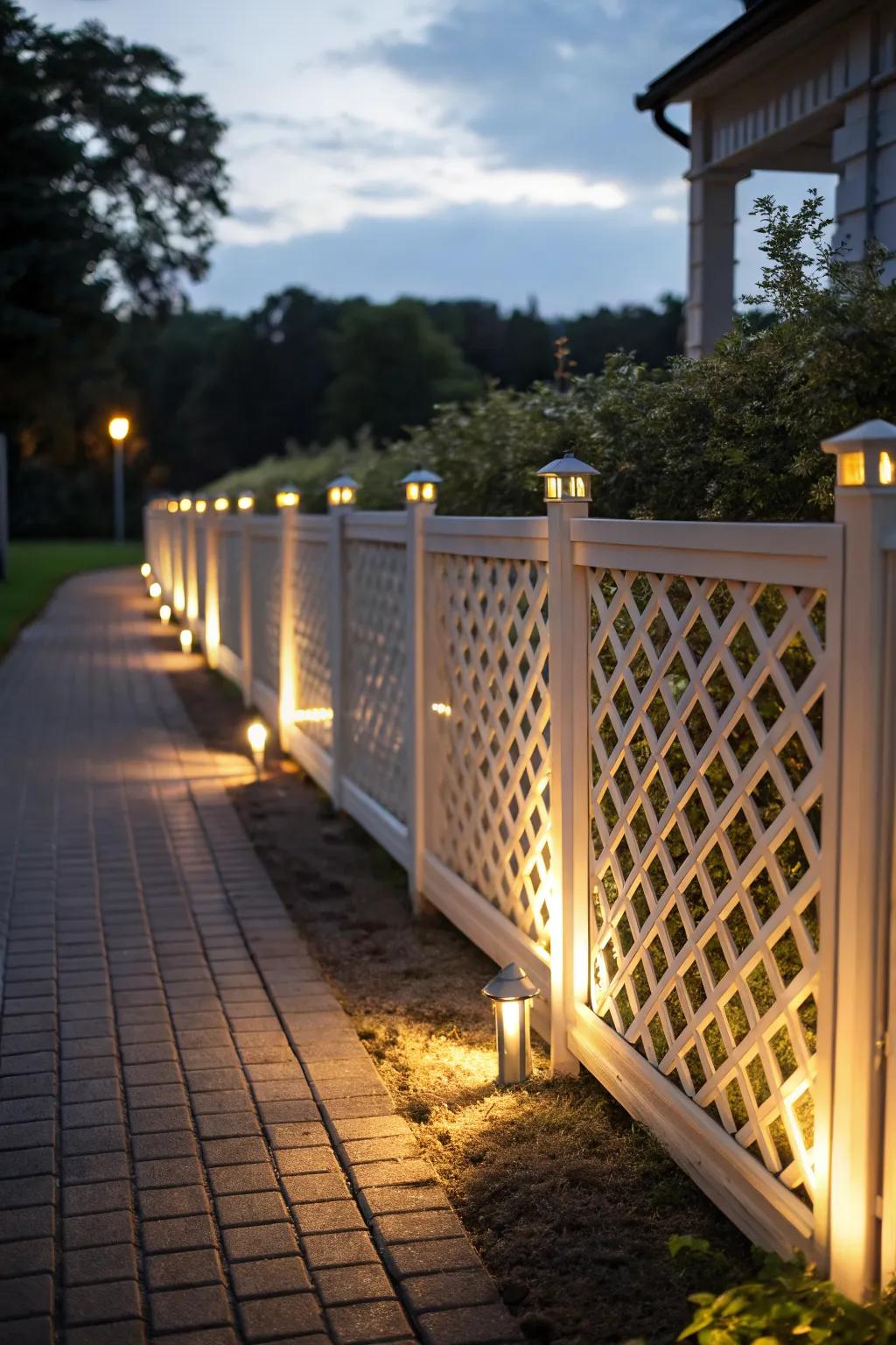 Lighting integrated into lattice fences adds magical evening charm.
