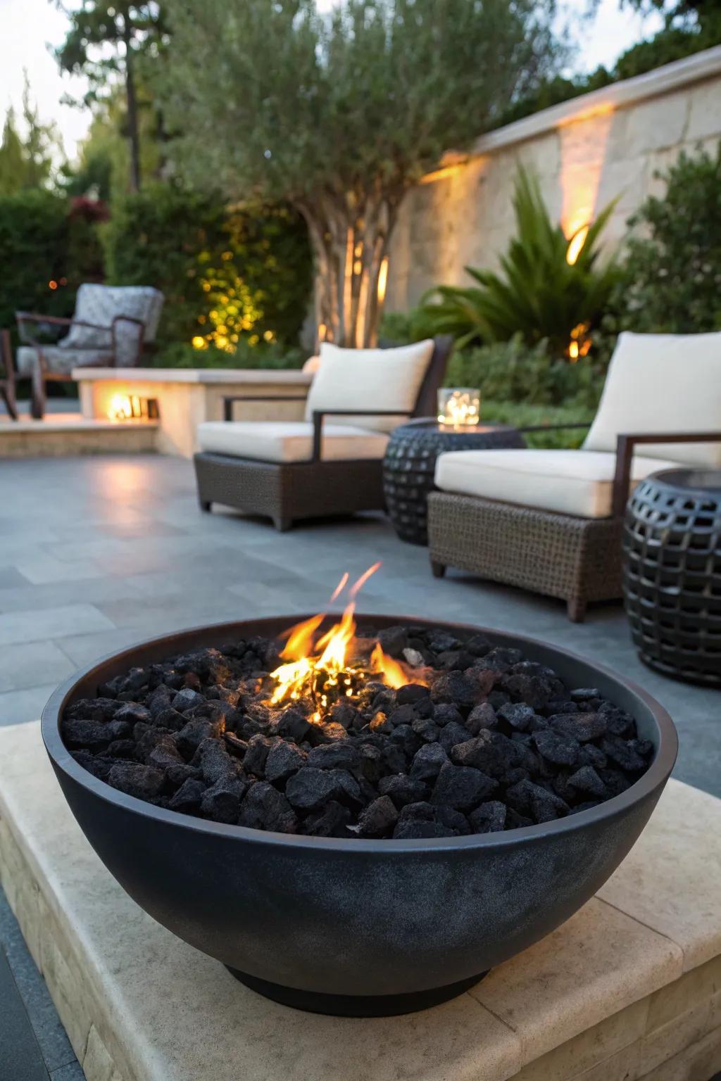 Classic black lava glass providing a timeless look in a fire pit.