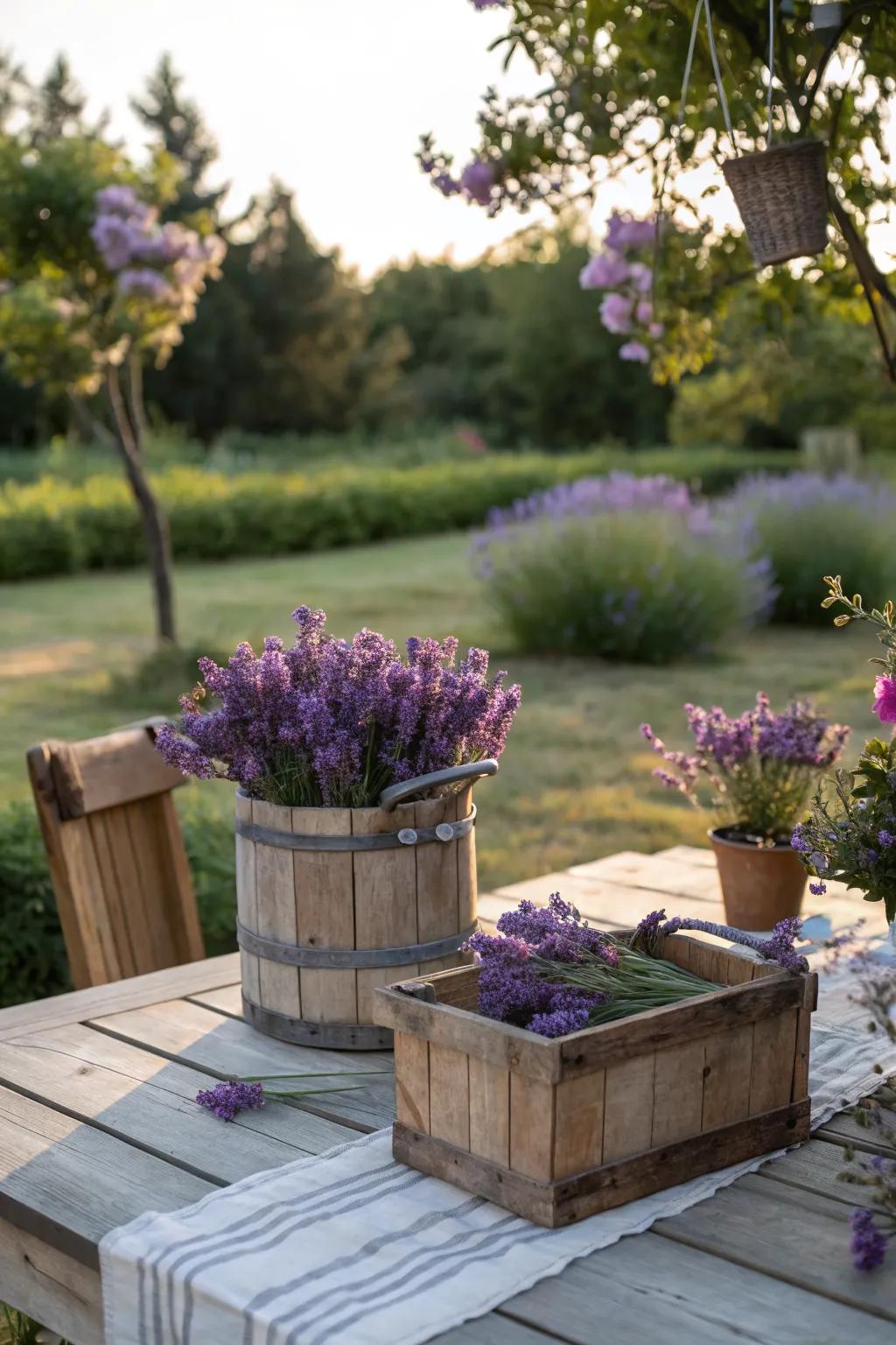 Lavender in rustic wooden planters for natural appeal.