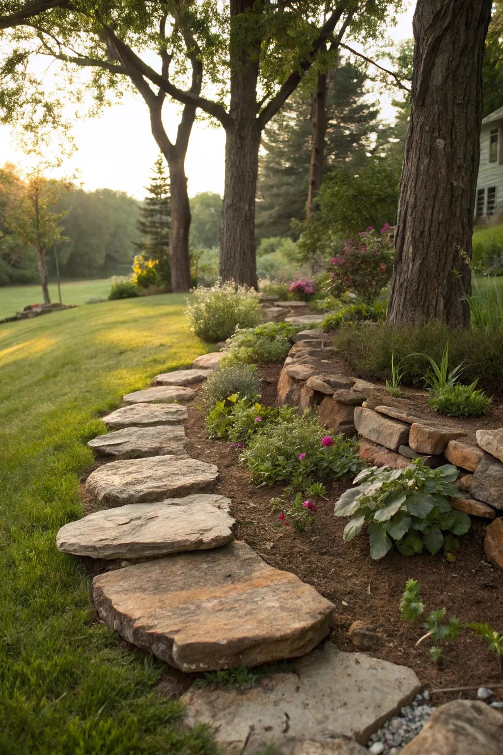 Stacked rocks offer a sturdy, natural lawn division.