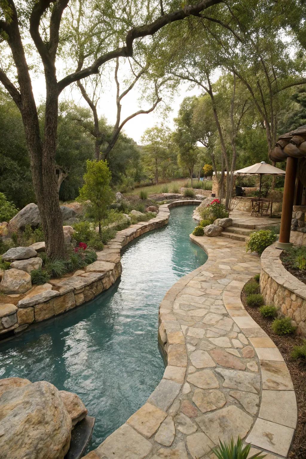 A lazy river pool featuring natural stone accents, offering a rustic and textured charm.