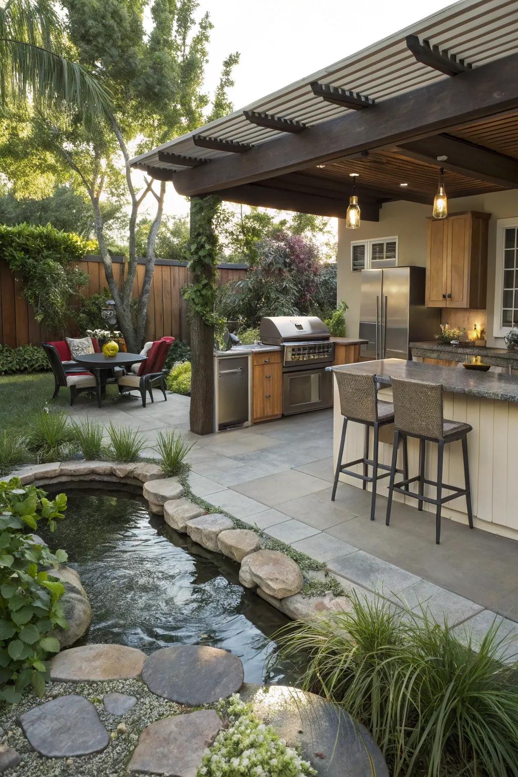 A unique water feature adds charm and tranquility.
