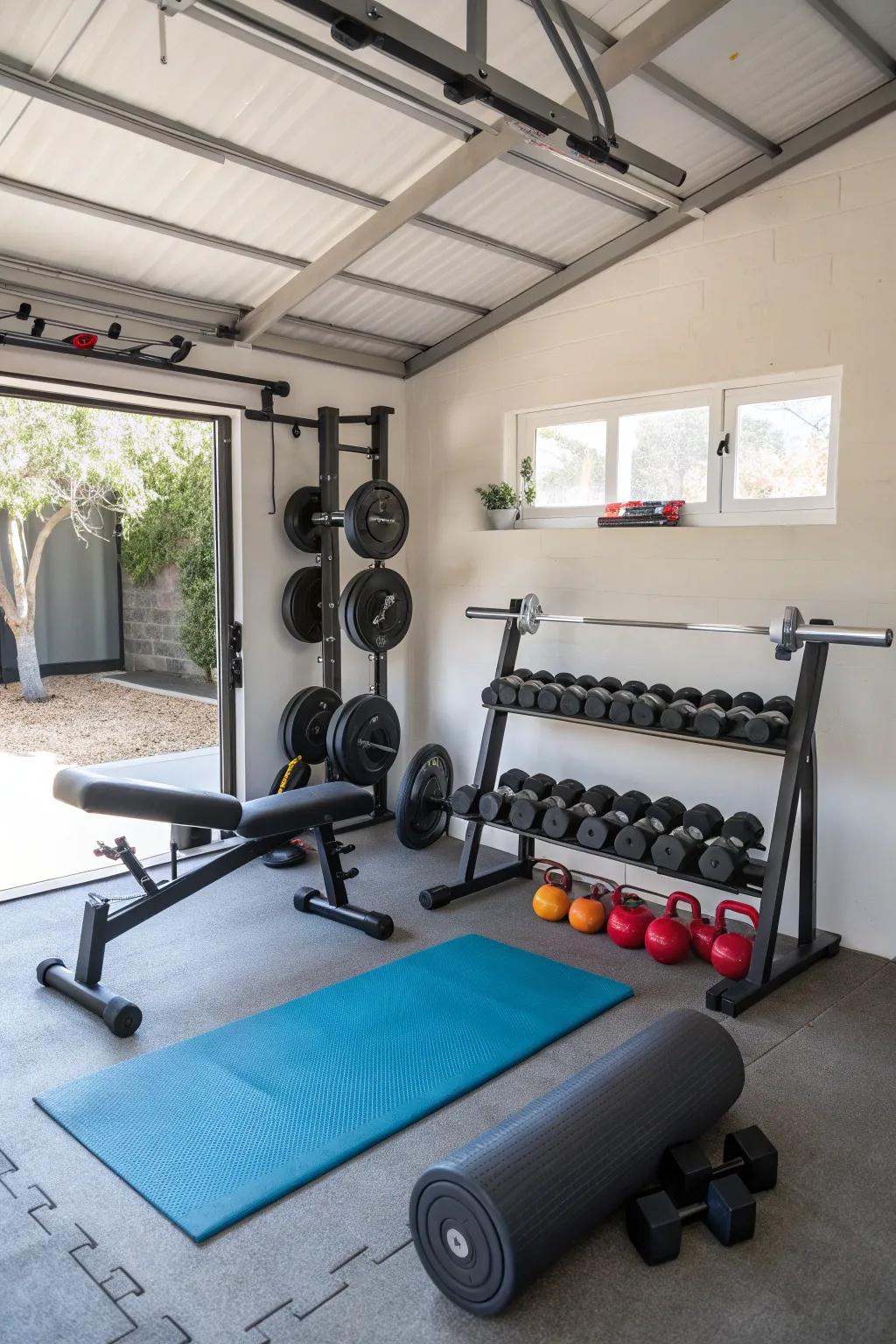 A compact home gym set up in a lean-to shed.