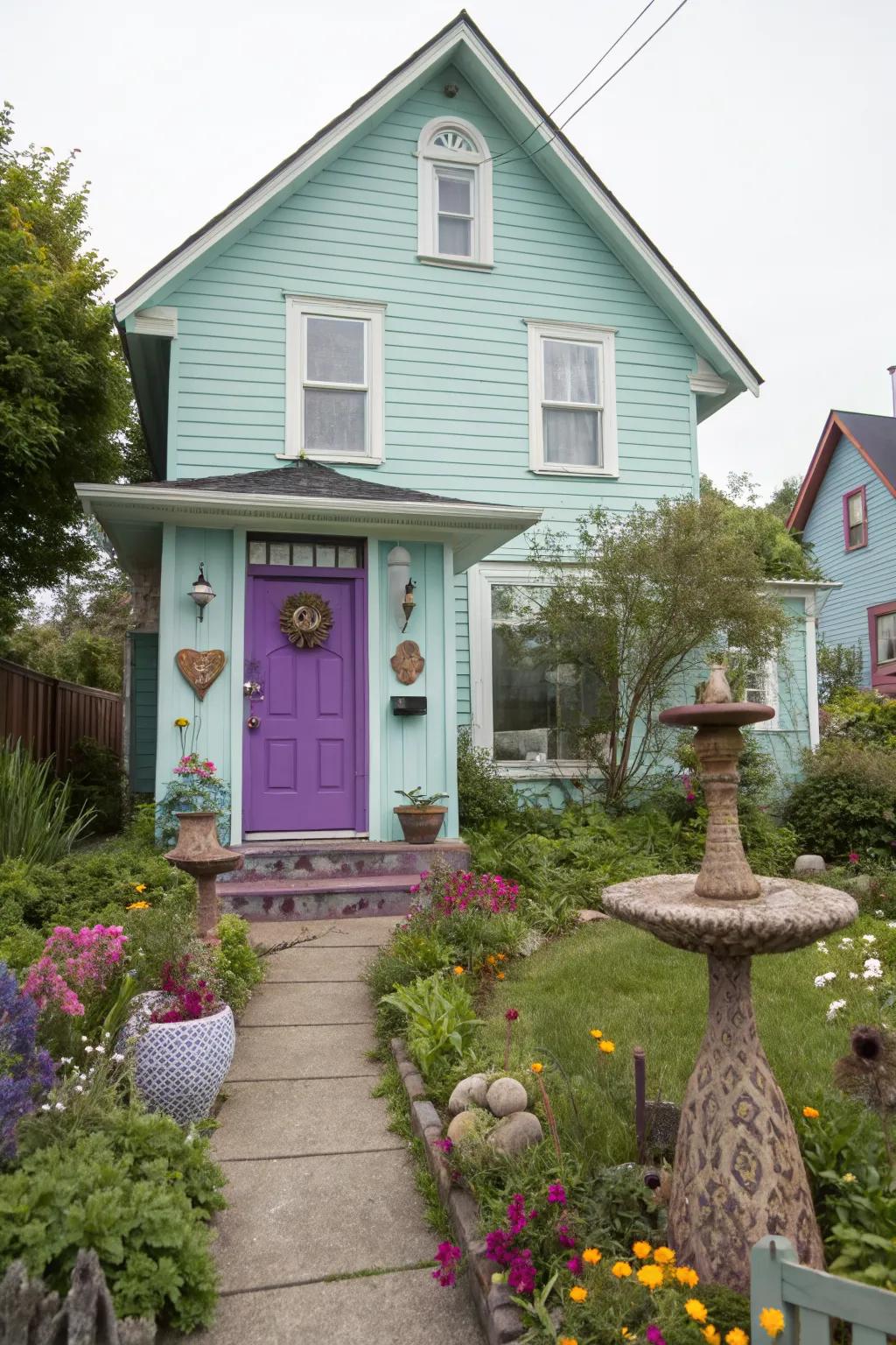 A purple door adds a creative and bold statement.