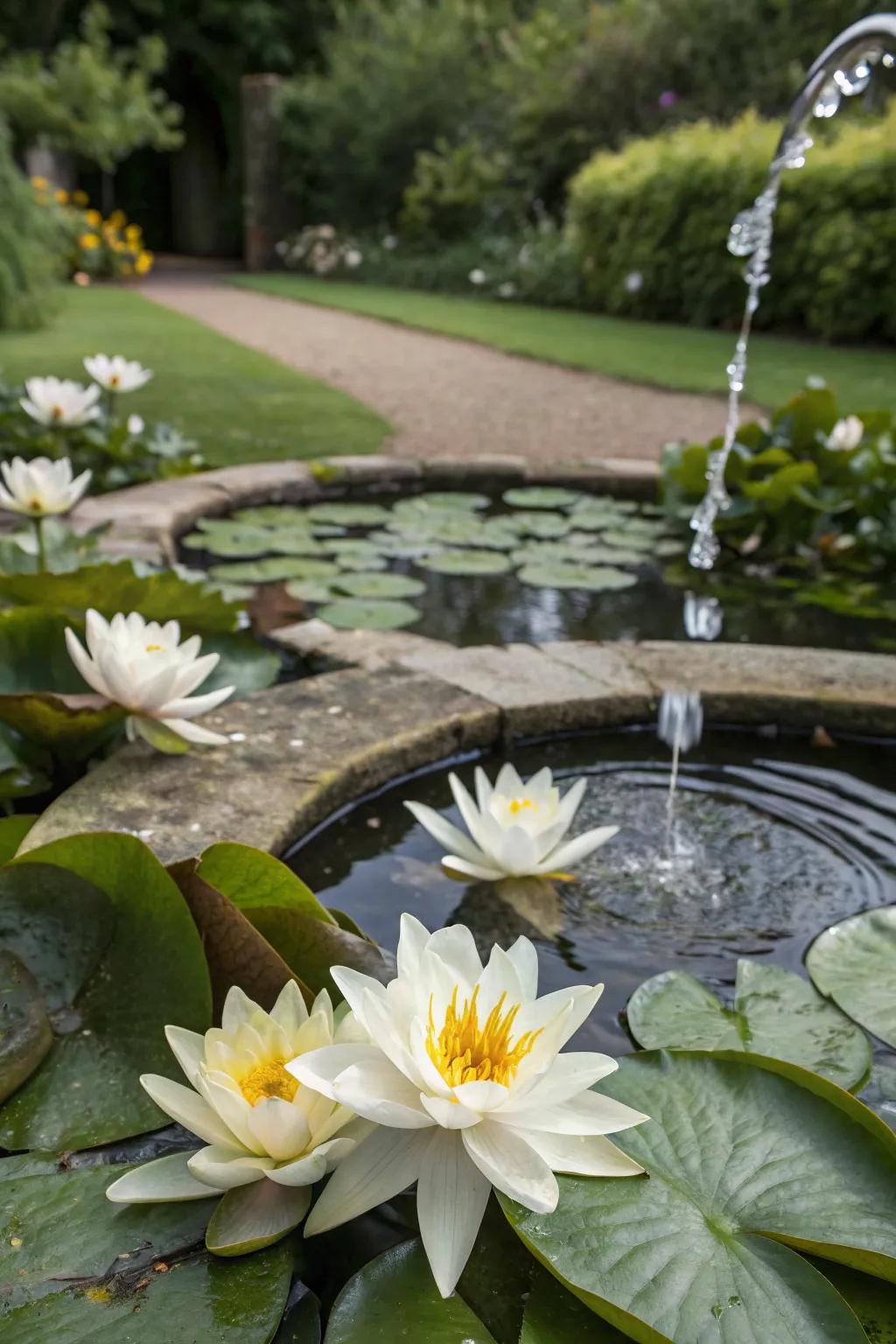 A tranquil water feature with lilies