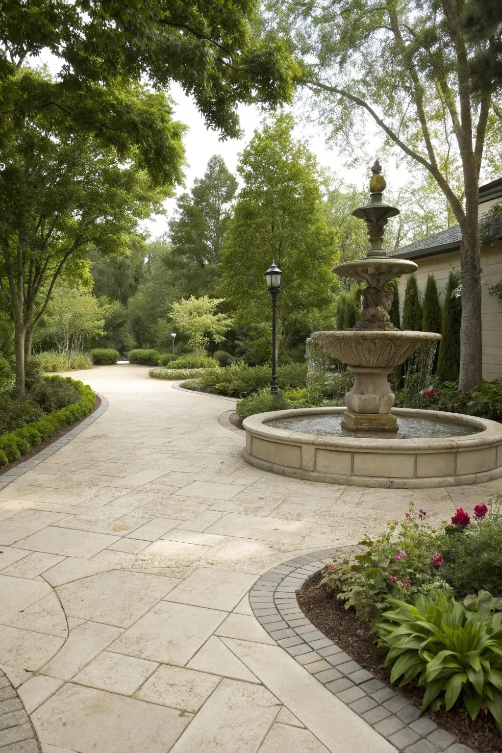A limestone driveway featuring a captivating water fountain.