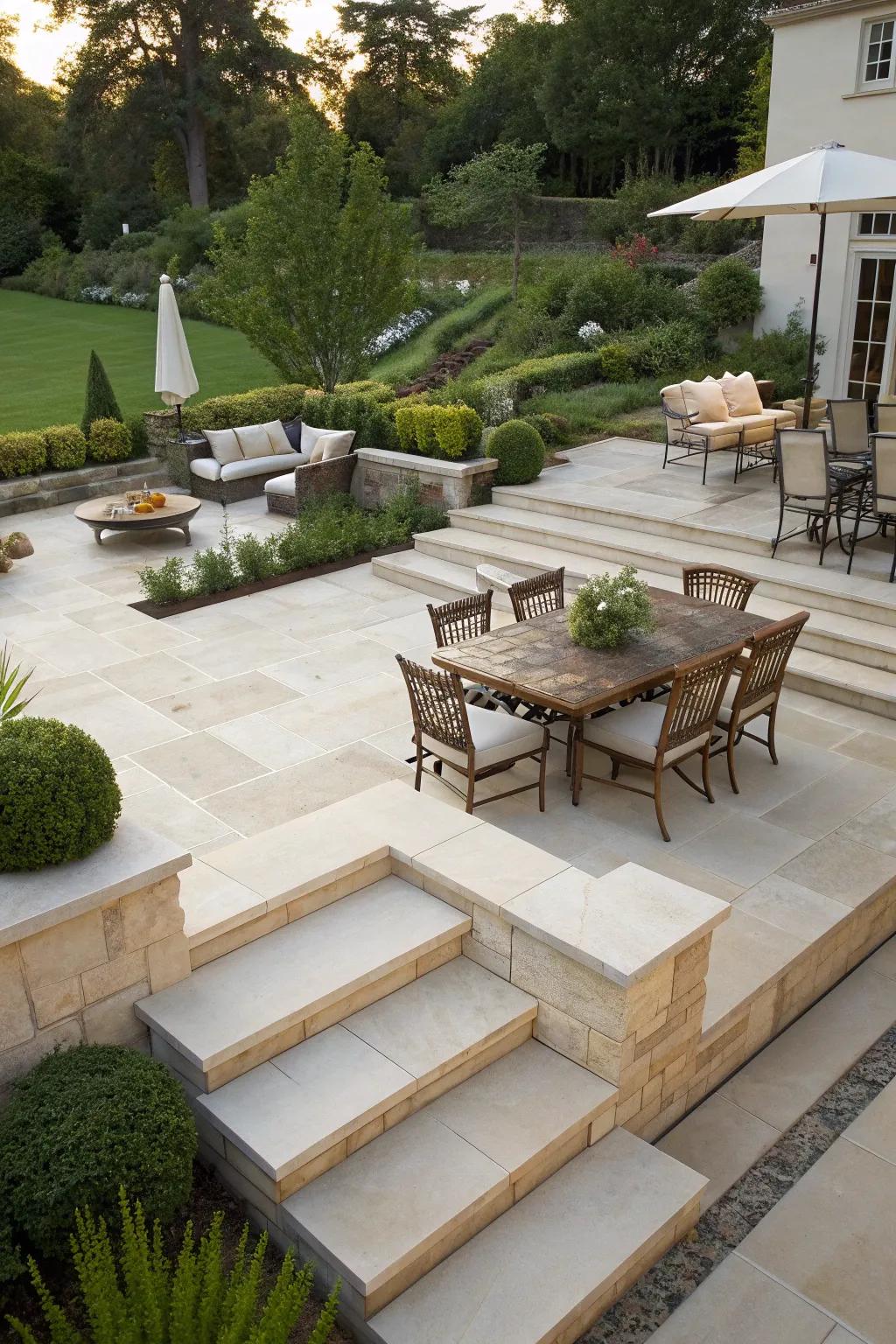 Multi-level design adds dimension and distinct zones to your patio.