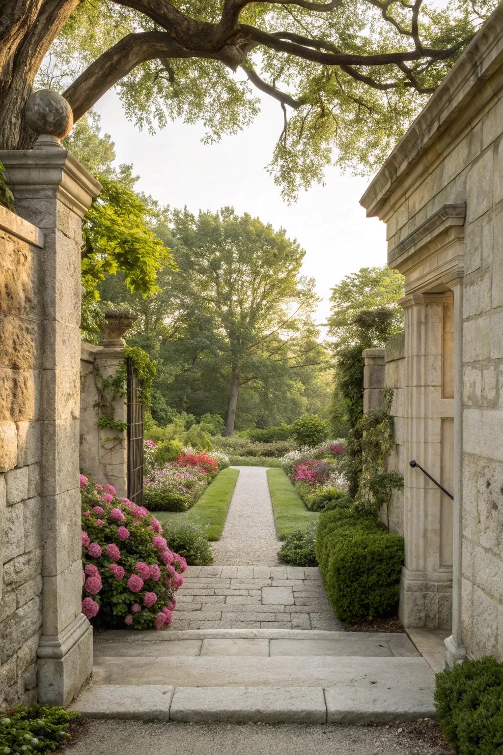 Limestone walls make garden entrances grand and inviting.