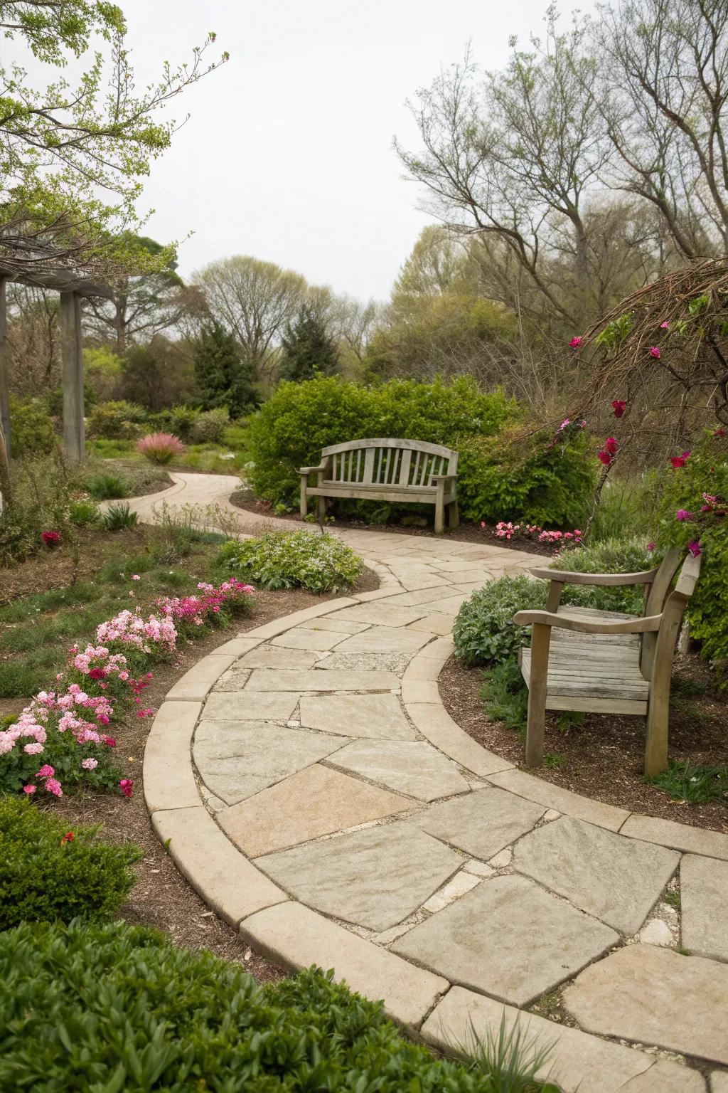 Circular limestone path creating a serene garden space.