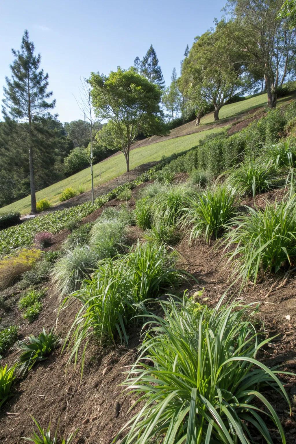 Liriope effectively controlling erosion on a garden slope.