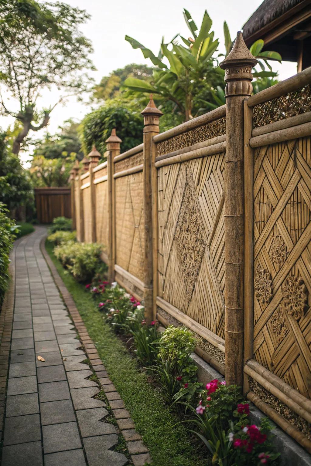 A woven bamboo fence showcasing intricate patterns and adding visual interest.