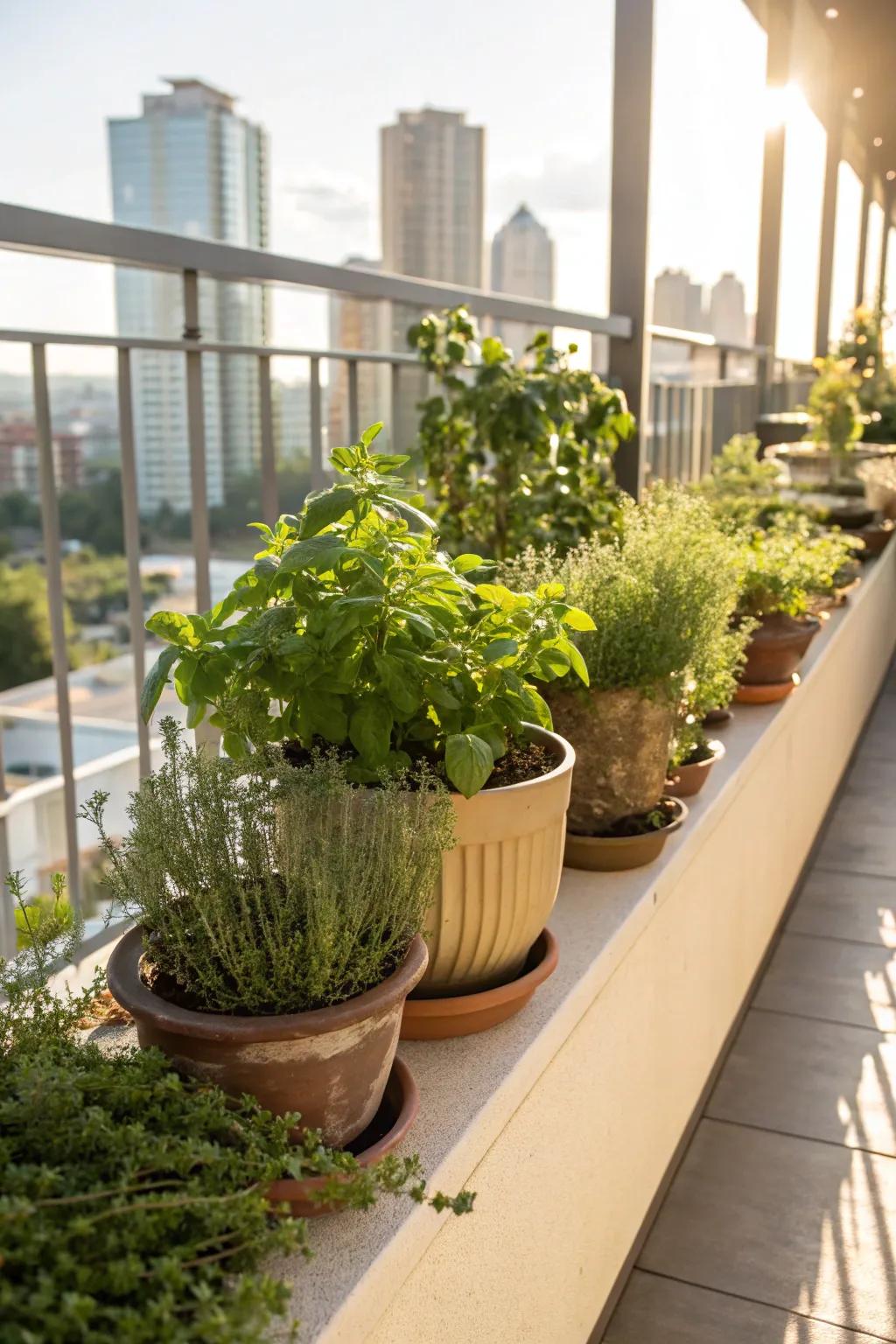 A mini herb garden is a delightful and useful balcony addition.
