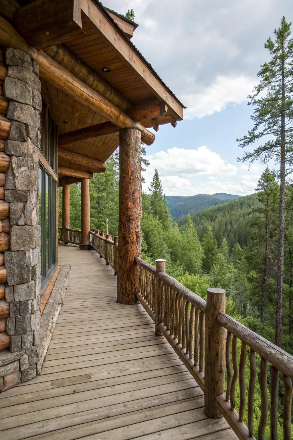 Stone pillars provide a robust, earthy foundation for the wooden railings.
