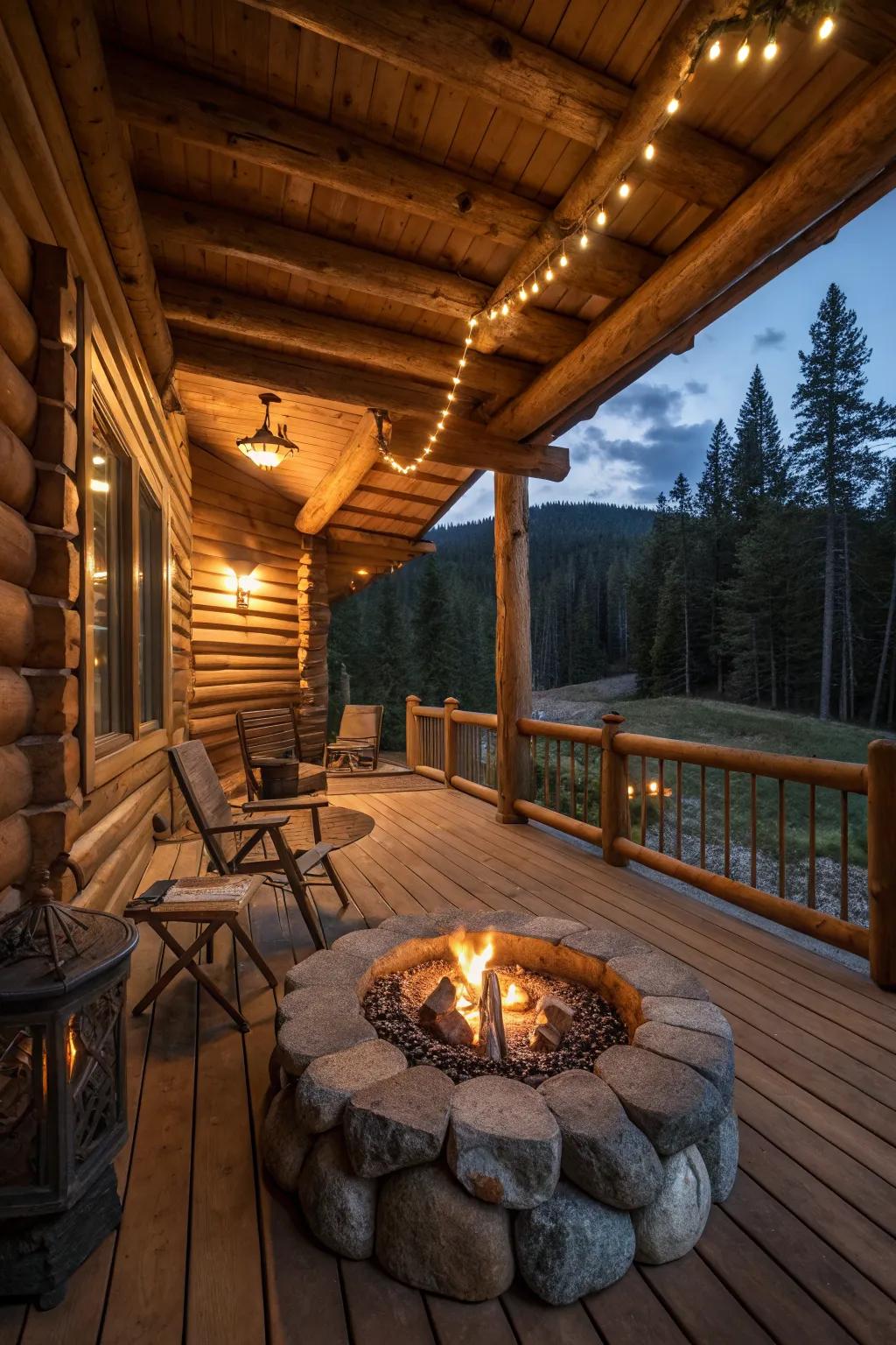 A fire pit adds warmth and a focal point to the porch.