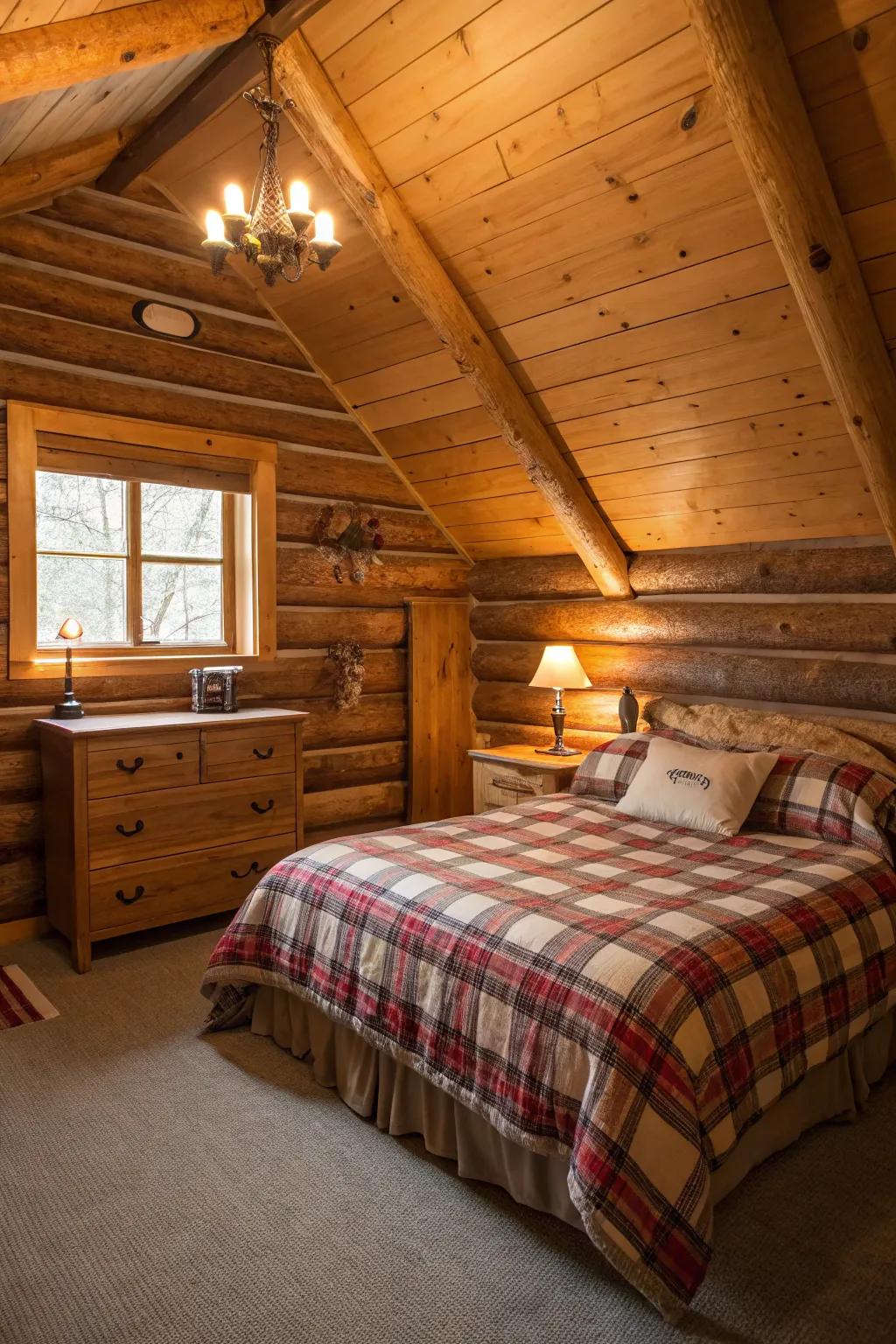 A tranquil and inviting log cabin bedroom designed for relaxation.