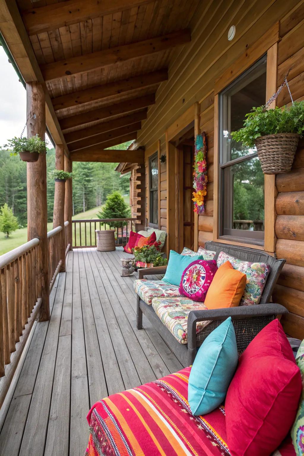 Bold colors bring a lively and inviting feel to a log cabin porch, making it a standout space.