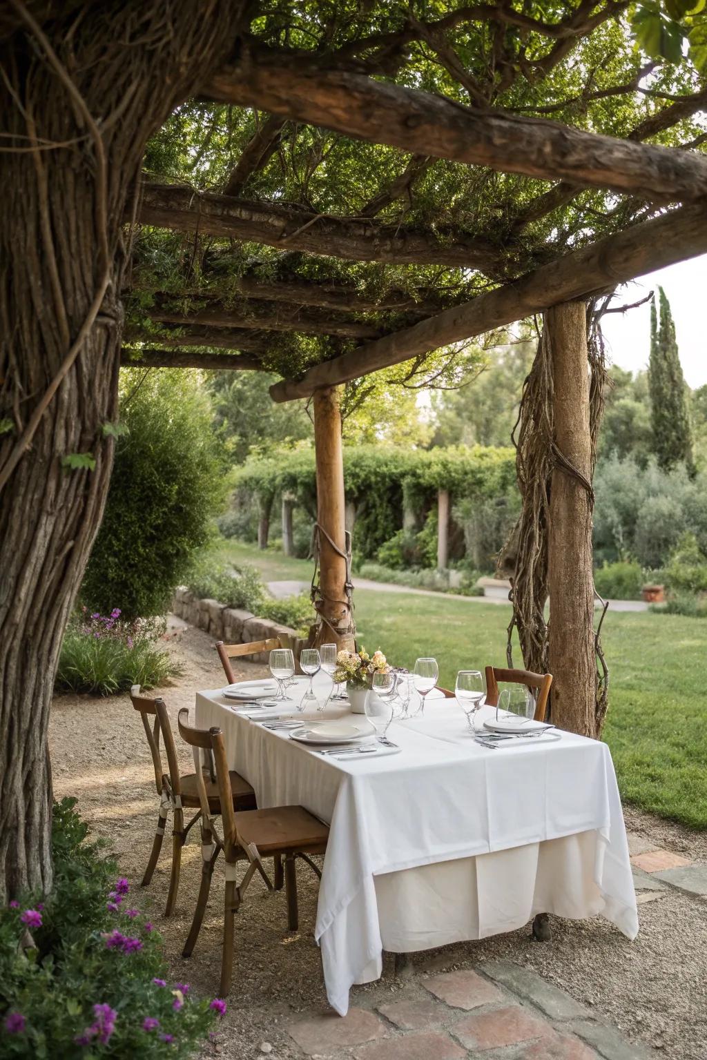 A delightful outdoor dining setup under a log pergola.