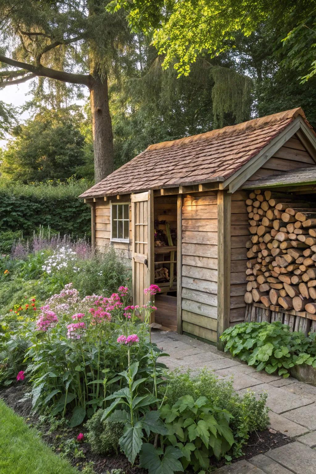 A shed and log store combo offers dual functionality.