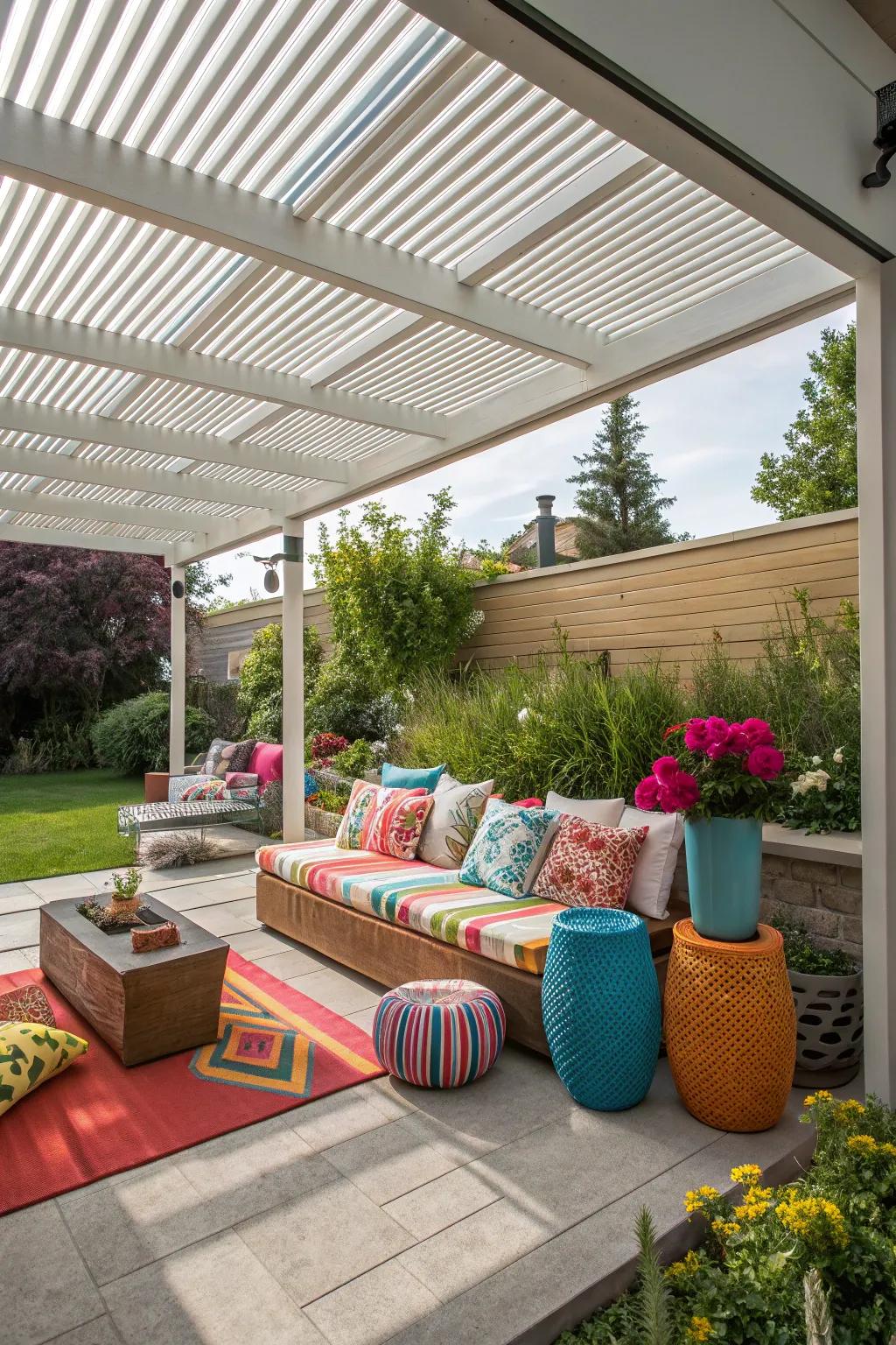 A vibrant patio with colorful accents under a louvered cover.
