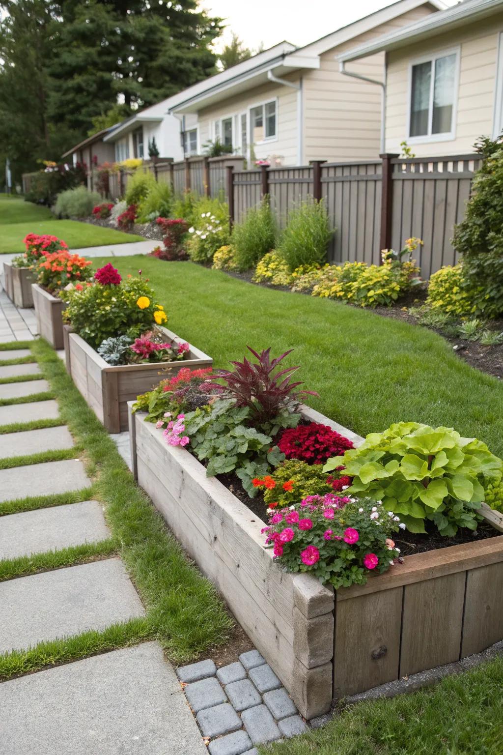 Raised planters providing accessibility and ease in a front yard garden.