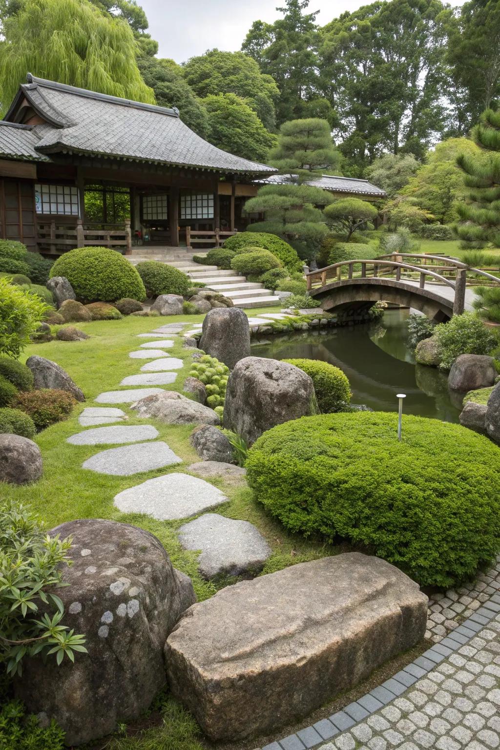 Stones serve as natural accents and seating options.