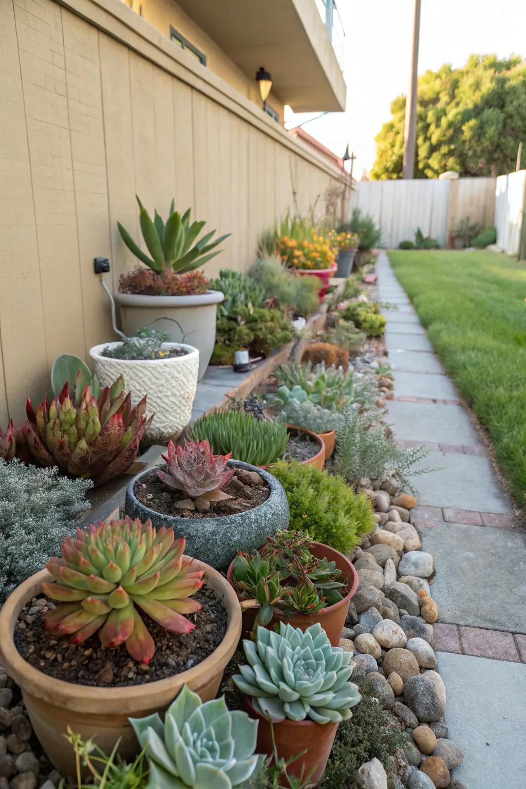 Succulents adding color and texture to a low-maintenance side yard.