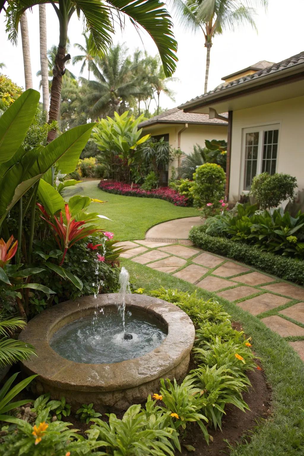 A small bubbler fountain adds tranquility and charm to a tropical front yard.
