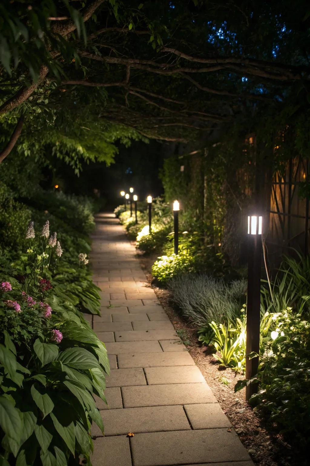 Mystical lighting makes garden paths feel like secret walkways.