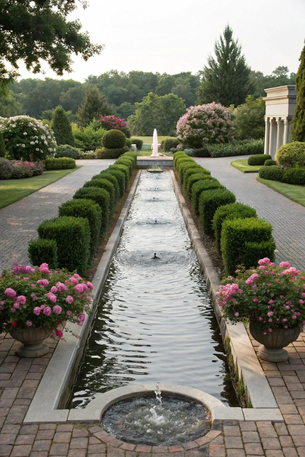 A water feature adds a peaceful element to driveway designs.