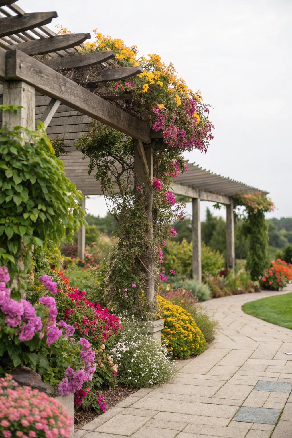An eclectic mix of plants around a pergola adds vibrant color and life.
