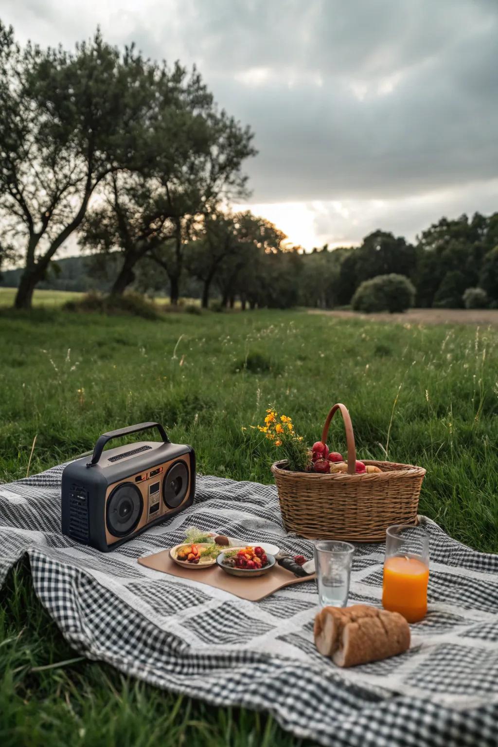 A picnic setup enhanced by music from a portable speaker.