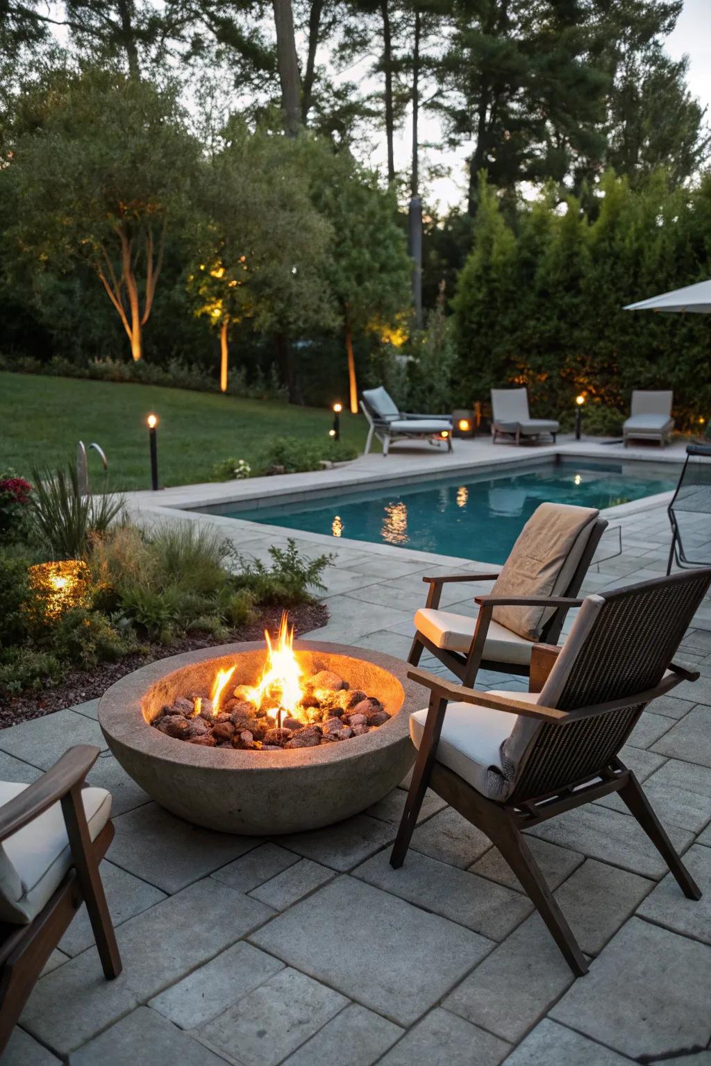 A fire pit creates a warm and inviting atmosphere for evening gatherings.
