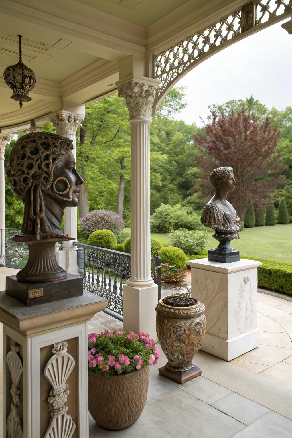Introduce artistic flair with unique accents on your luxury porch.