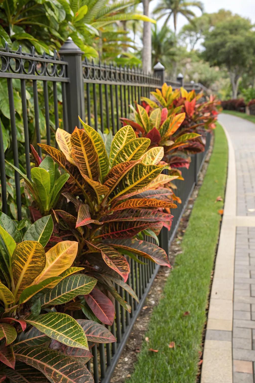Mammy Crotons creating a vibrant fence line in the garden.