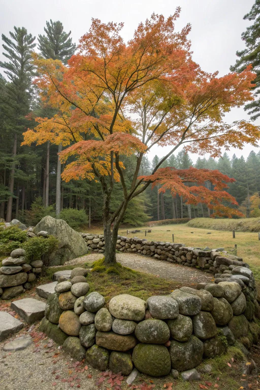 Natural stones add rustic charm to a maple tree landscape.