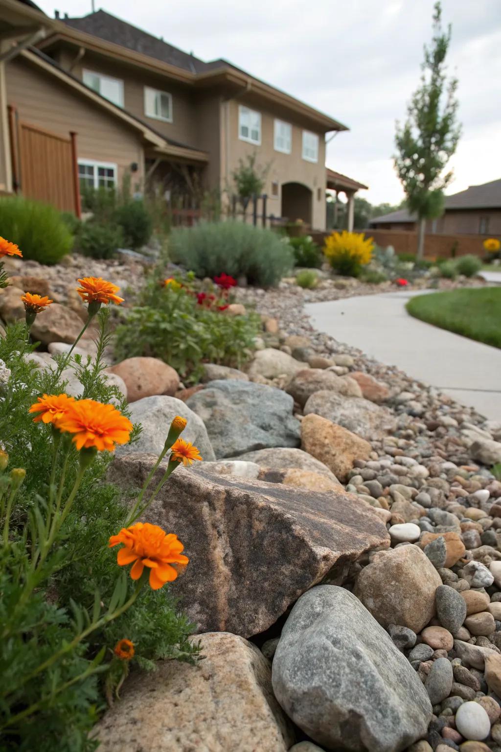 Earthy marigold and rock garden.