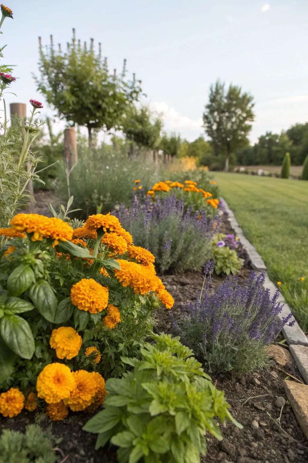 Herbs and marigolds create a fragrant and functional garden border.
