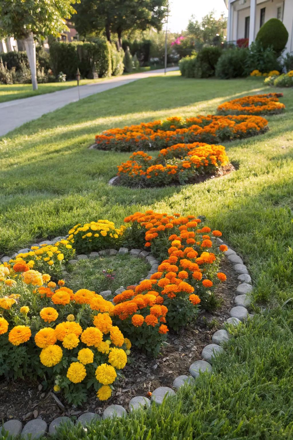 Sunburst circles of marigolds add a unique touch to the lawn.