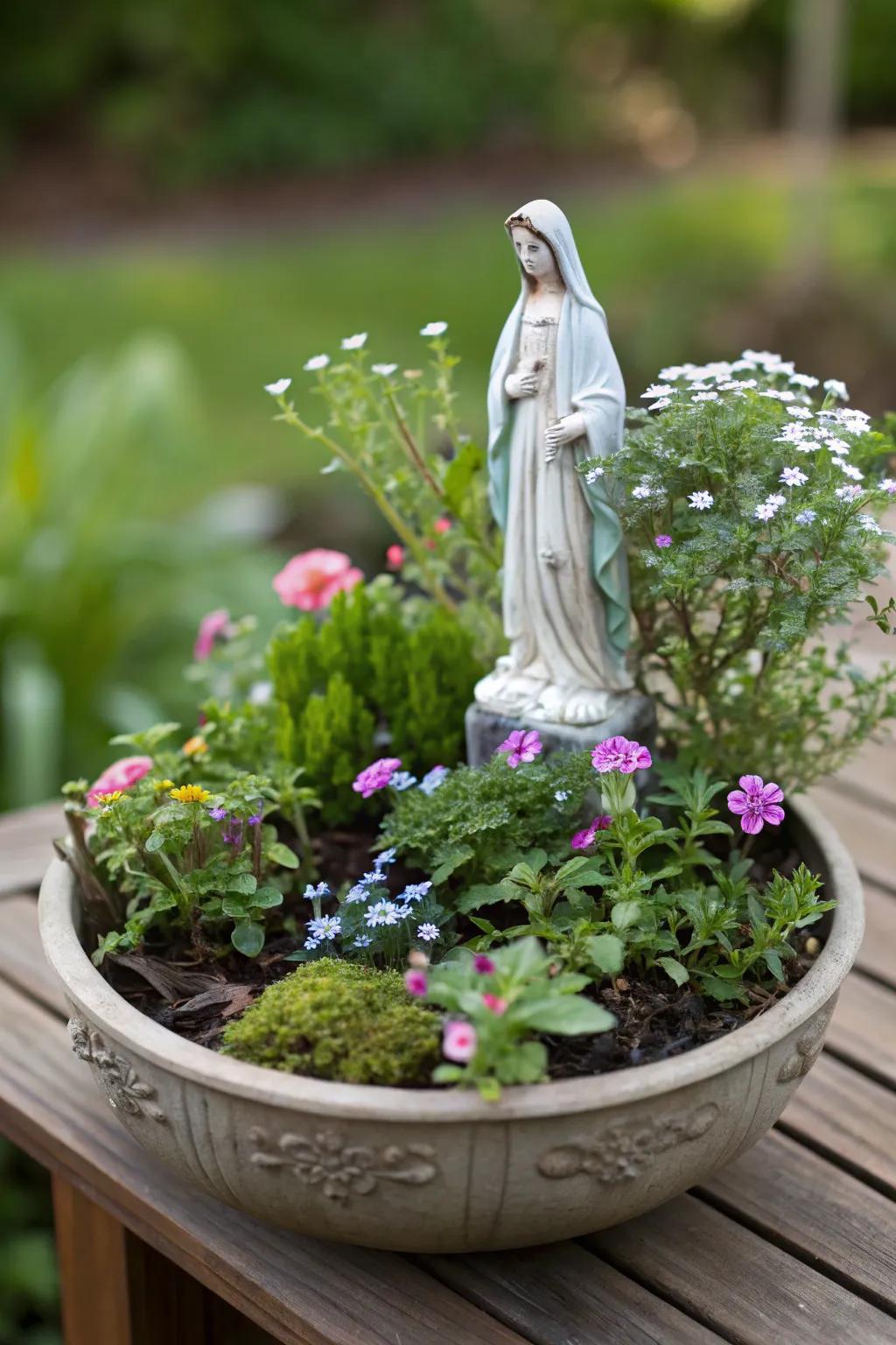 A miniature Mary garden in a pot brings tranquility indoors.