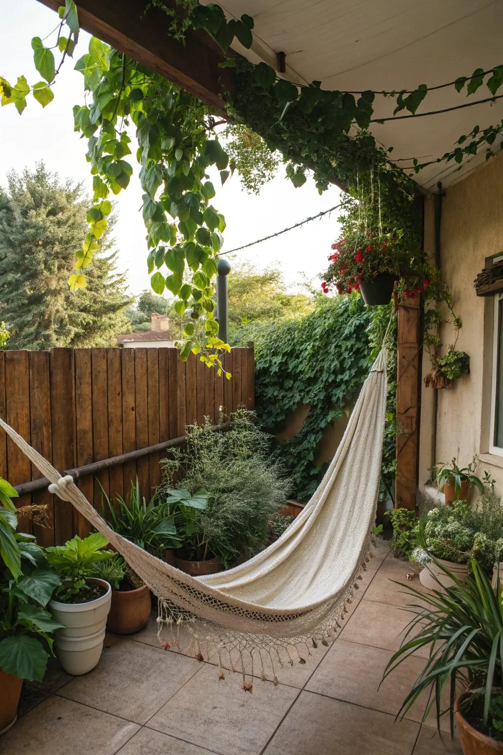A relaxing hammock perfect for meditation on a patio.